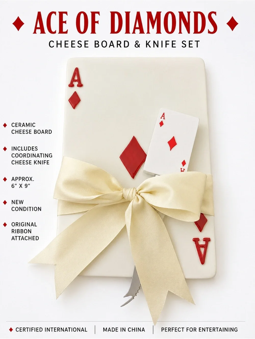 Ace of Diamonds Ceramic Cheese Board Platter with matching Knife size 6x9 - New